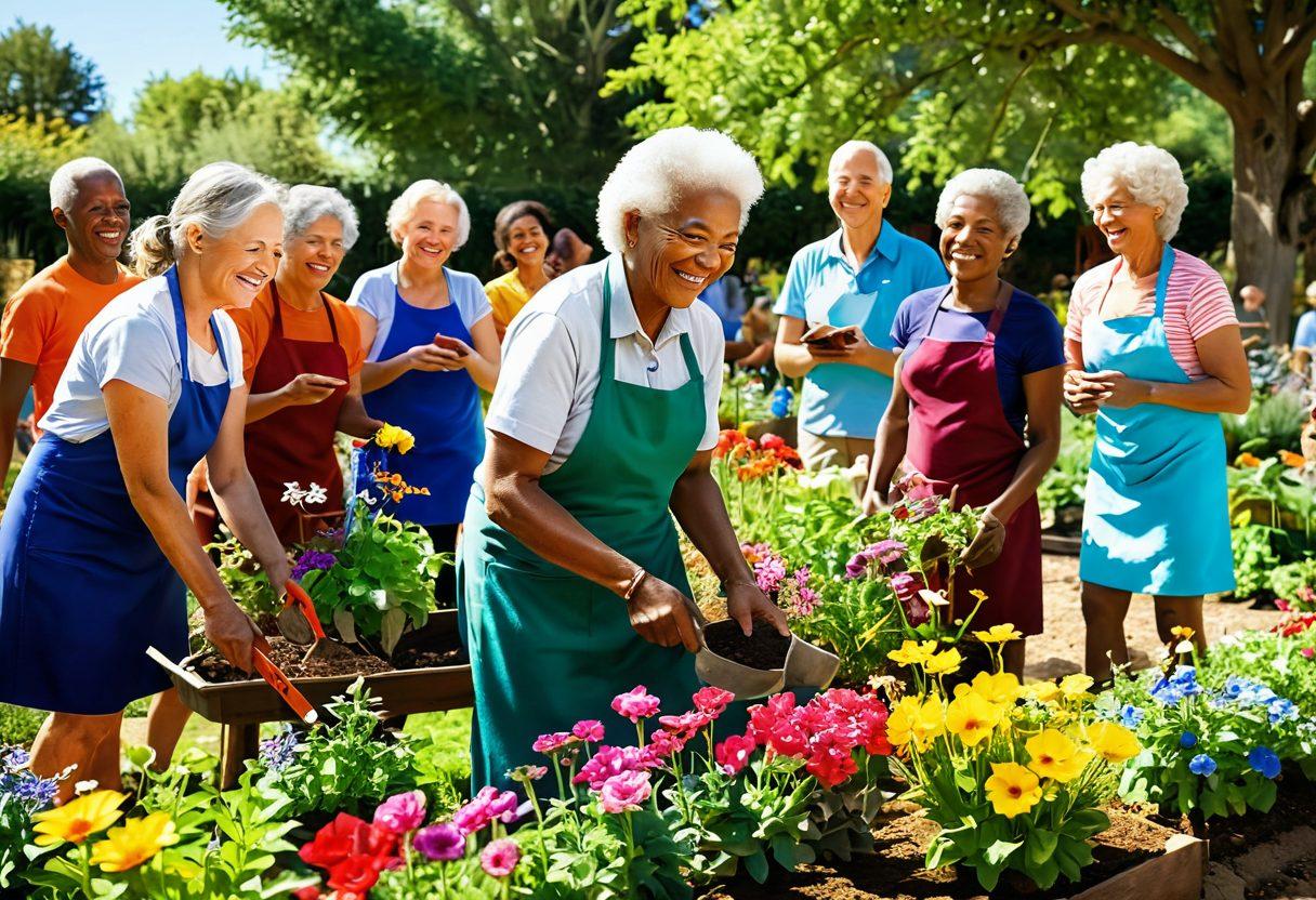 A lively scene depicting diverse people of various ages and ethnicities coming together in a vibrant community garden, sharing tools and planting flowers, with radiant smiles and expressions of joy. Sunlight filters through the trees, highlighting colorful blooms and supportive gestures, fostering a sense of collaboration and warmth. super-realistic. vibrant colors. 3D.