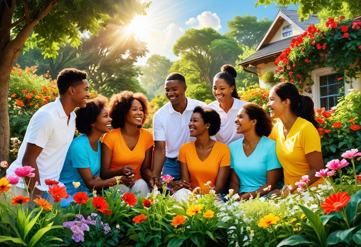 A warm scene depicting diverse people engaged in supportive interactions, surrounded by lush greenery and colorful flowers that symbolize growth and happiness. Include elements like laughter, shared activities, and positive gestures, conveying a sense of community and connection. The background should feature a bright sky and gentle sunlight to enhance the cheerful atmosphere. vibrant colors. super-realistic.