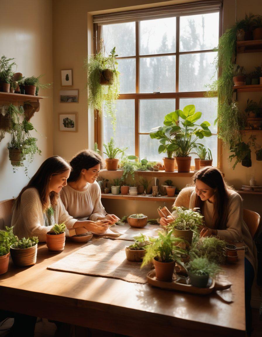 A cozy workshop setting filled with people of diverse backgrounds collaborating on creative projects, surrounded by handcrafted items and tools. Soft warm lighting illuminates their joyful expressions as they share ideas, laughter, and a sense of community. Incorporate elements of nature, like plants or sunlight streaming through a window, to symbolize growth and connection. The atmosphere should radiate warmth and enthusiasm. super-realistic. vibrant colors. warm tones.